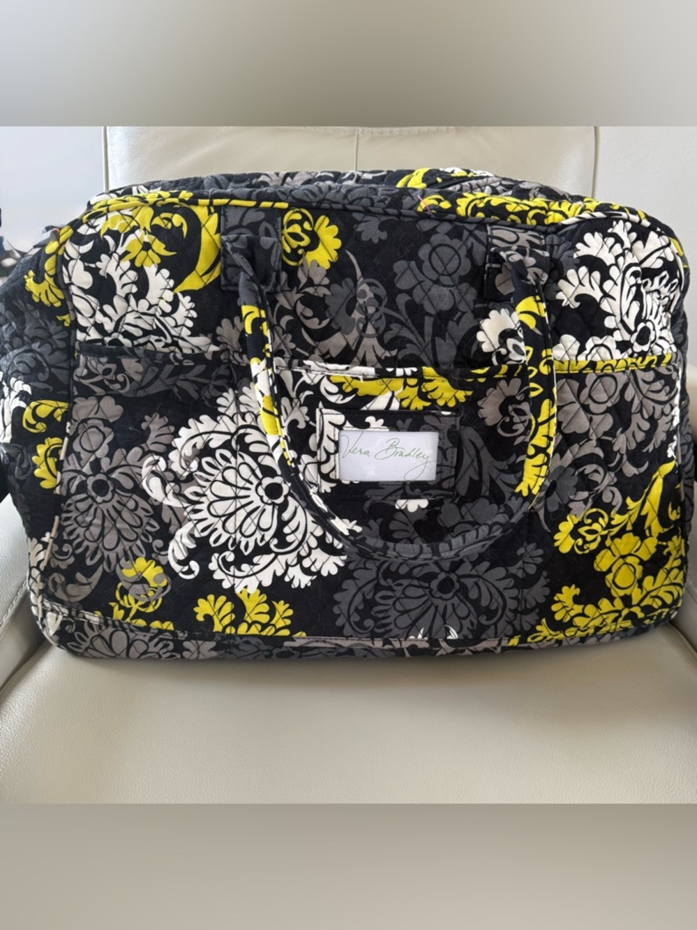 Vera Bradley Large Original Duffel Black,White,Gray and Yellow Bold Floral Print